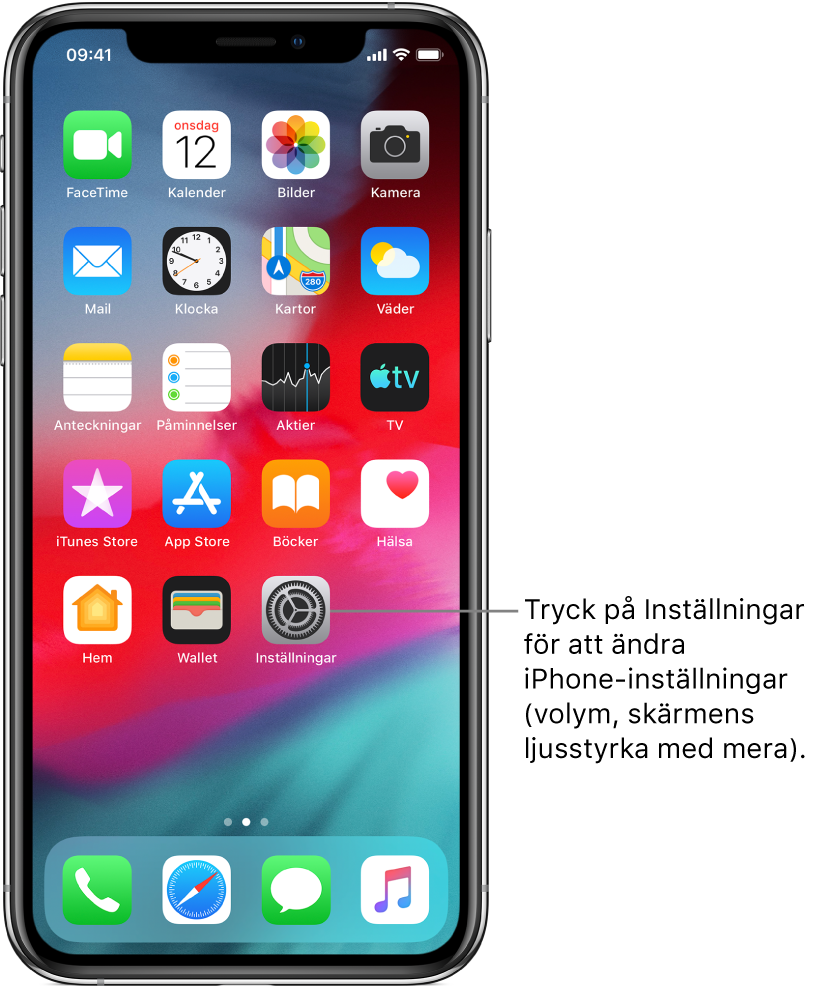 Hemskärmen med flera symboler, bland annat symbolen för Inställningar, som du kan trycka på när du vill ändra ljudvolymen, ljusstyrkan på skärmen med mera på iPhone.