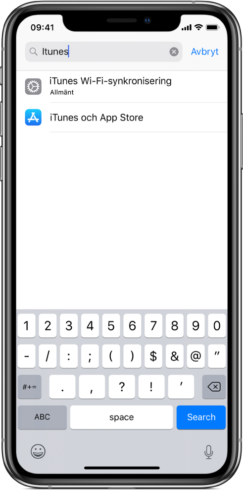 Skärmen för sökning efter inställningar med sökfältet högst upp. Söksträngen ”iTunes” står i sökfältet och två hittade inställningar finns i listan nedanför.