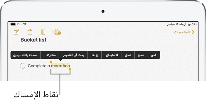 نموذج ملاحظة محدد بها بعض النص. أعلى التحديد تظهر أزرار قص ونسخ ولصق واستبدال. النص المحدد مميز، ونقاط الالتقاط على كلا الطرفين.