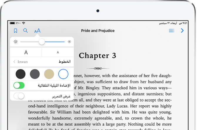 قائمة المظهر محددة في كتاب وتعرض - من أعلى إلى أسفل - عناصر التحكم في الإضاءة وحجم الخط ونمط الخط ولون الصفحة وسمة الليل التلقائي وعرض التمرير.