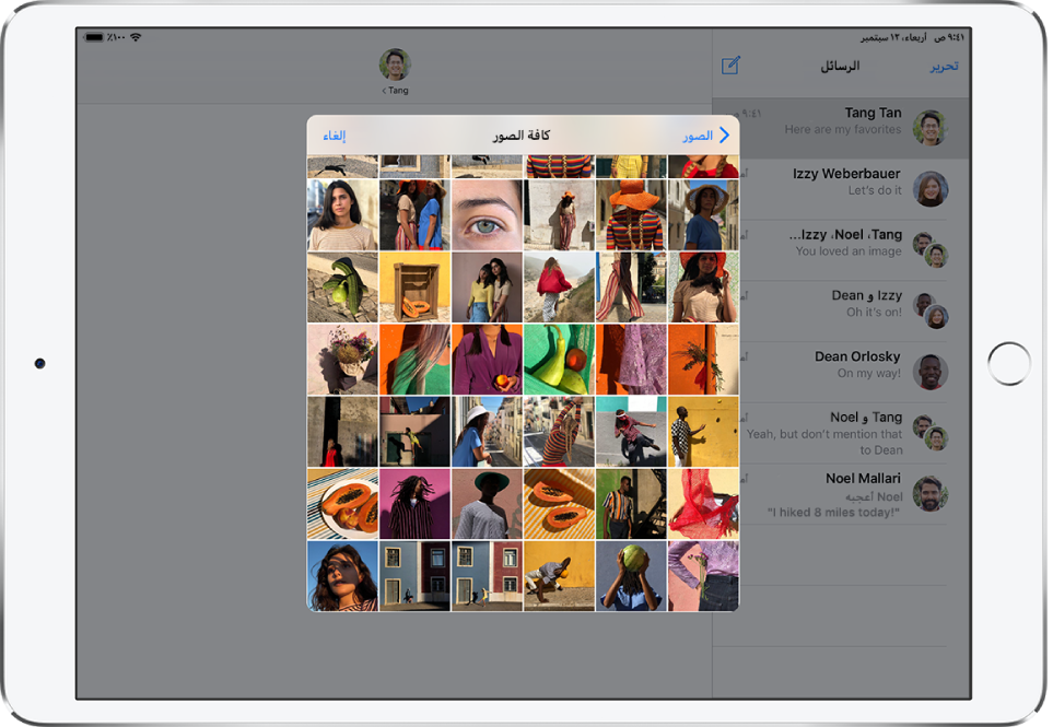 نافذة الرسائل وبها الصور في تطبيق iMessage متراكبة على أعلى الرسالة. في أعلى التراكب توجد أزرار لتصفح الصور.