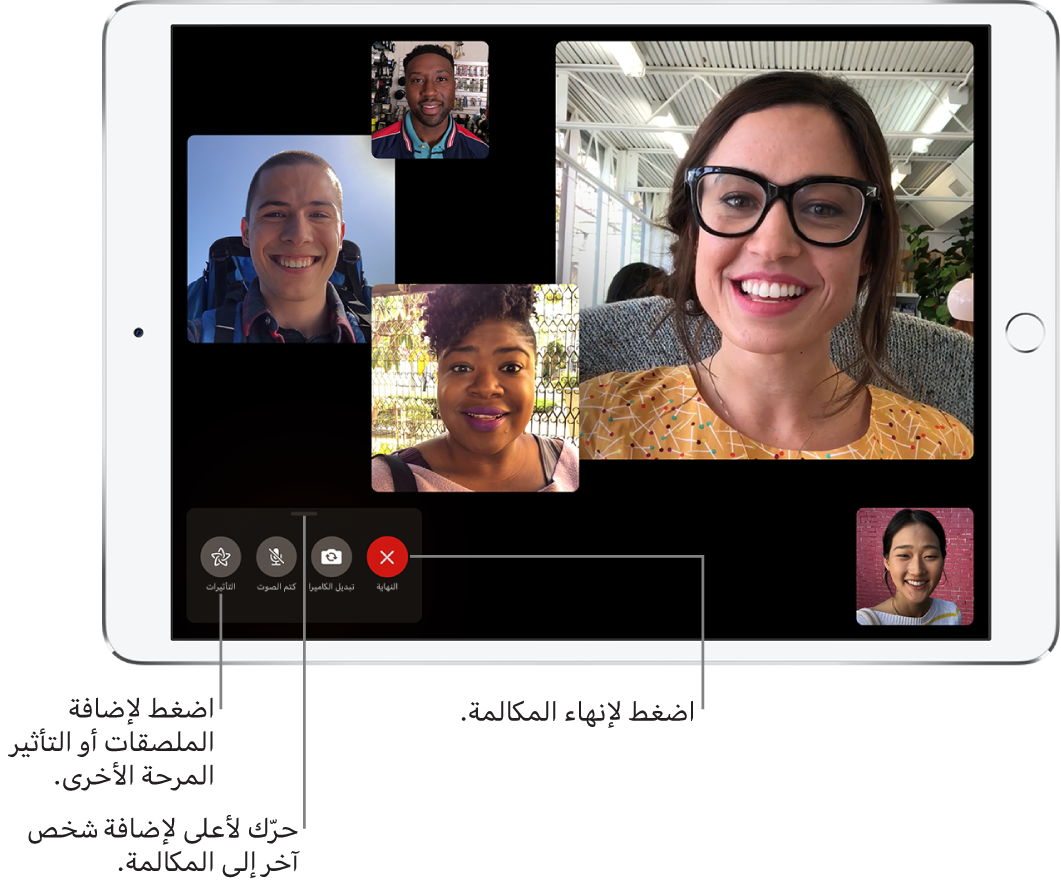 مكالمة FaceTime جماعية بها خمسة مشاركين، بمن فيهم منشئ المكالمة. يظهر كل مشارك في إطار منفصل، مع إطارات أكبر للإشارة إلى المشاركين الأكثر نشاطًا.