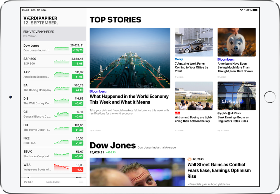 En Værdipapirer-skærm i liggende retning. På venstre side af skærmen findes overvågningslisten, der viser symboler og navne. Ved siden af symbol og navn findes en præstationskurve, kurs og kursændring. Populære artikler om erhvervsnyheder fra forskellige kilder vises til højre for overvågningslisten.