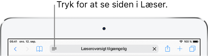 Safari-værktøjslinjen med knappen Læser i venstre side af adressefeltet.