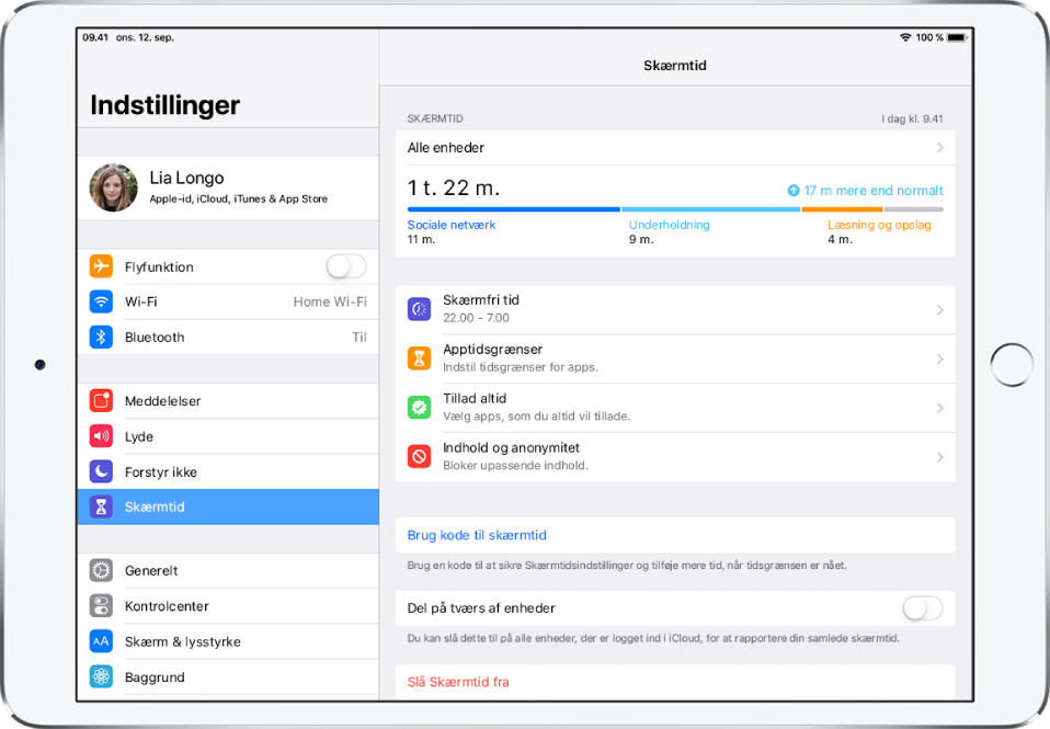 Indstillingerne i Skærmtid, du kan slå til – Skærmfri tid, Begrænsninger for apps, Tillad altid og Indhold og anonymitet.