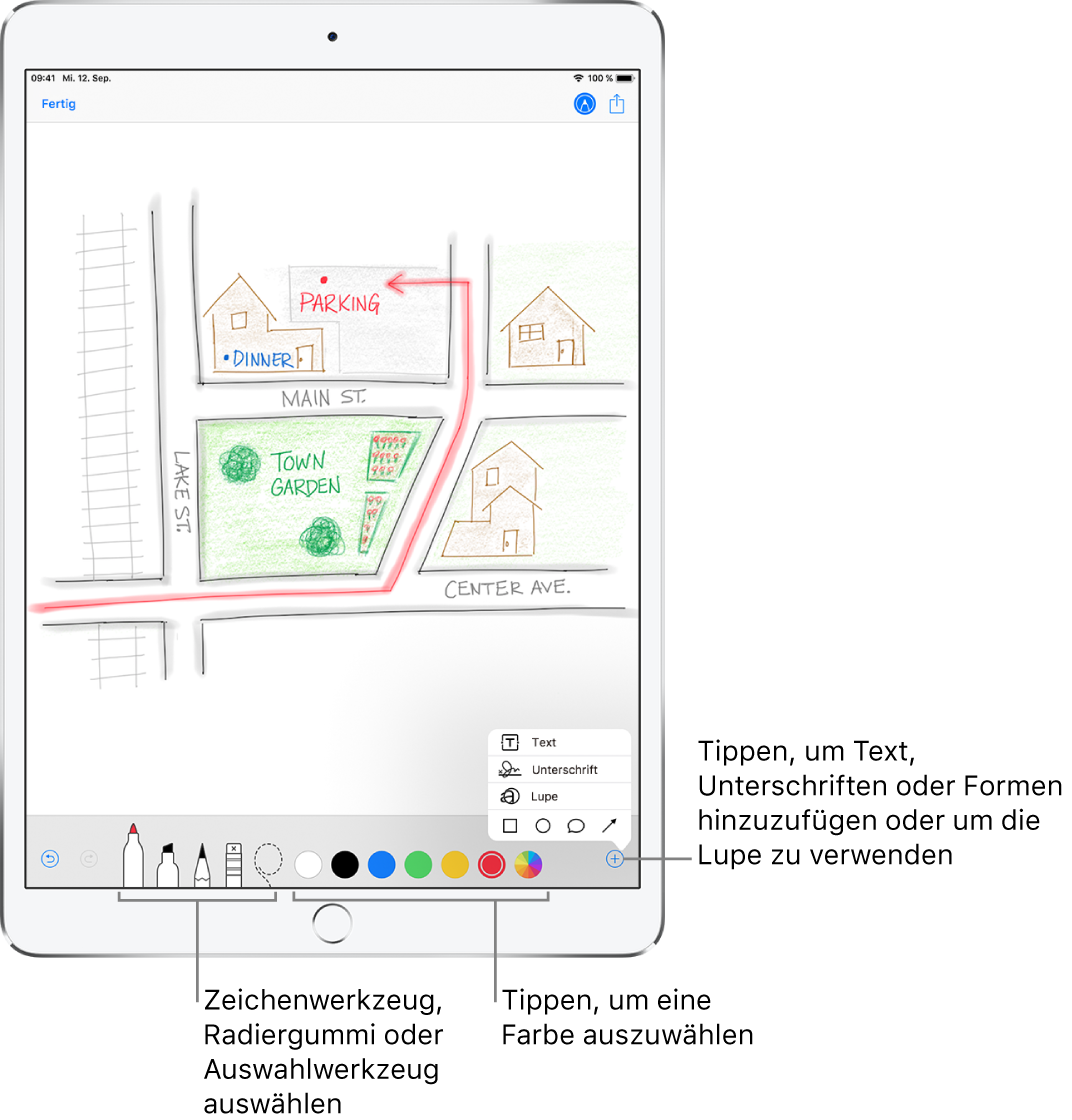 Ein in einer E-Mail gezeichnetes Bild. Die Werkzeuge zum Erstellen und Zeichnen befinden sich unten auf dem Bildschirm. Von links nach rechts sind die folgenden Werkzeuge zu sehen: Stifte, Bleistift, Radiergummi, Auswahlwerkzeug, sechs Farbauswahlen und die Taste zum Hinzufügen eines Textrahmens, deiner Unterschrift und von Formen sowie zum Verwenden der Lupe.