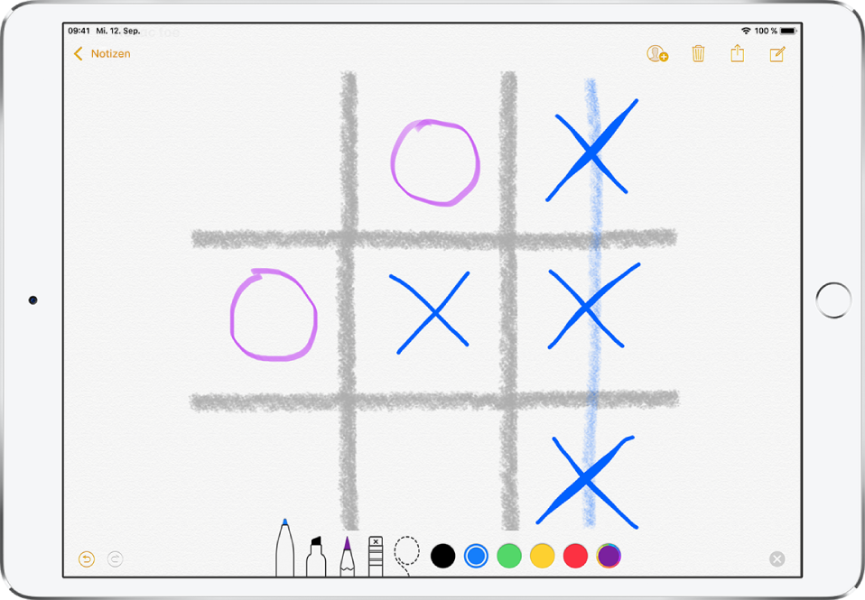 Eine Notiz mit einer Zeichnung eines Tic-Tac-Toe-Spiels. Unter der Zeichnung werden die Zeichenwerkzeuge angezeigt.