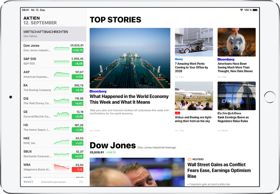 Der Bildschirm „Aktien“ im Querformat. Links auf dem Bildschirm ist die Aktienliste mit den Symbolen und Namen der einzelnen Aktien zu sehen. Neben dem Symbol und dem Namen einer Aktie ist ein Chart zu sehen, das die Performance der Aktie, den aktuellen Kurs und die Kursentwicklung veranschaulicht. Rechts neben der Aktienliste werden die neuesten Wirtschaftsnachrichten aus unterschiedlichen Quellen angezeigt.