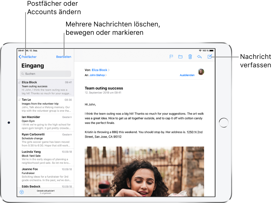 Der Posteingang der App „Mail“ mit einer Liste von E-Mail-Nachrichten links und einer geöffneten Nachricht rechts. Oben links befindet sich die Taste „Postfächer“ zum Wechseln zu einem anderen Postfach. Oben rechts befindet sich die Taste zum Erstellen einer neuen Nachricht.