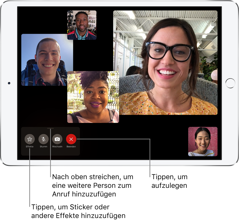 Ein Gruppenanruf in der App „FaceTime“ mit (den Anrufer eingeschlossen) insgesamt fünf Teilnehmern. Jeder Teilnehmer wird in einer separaten Kachel angezeigt, wobei die Teilnehmer, die sich aktiv am Gespräch beteiligen, durch größere Kacheln gekennzeichnet werden.