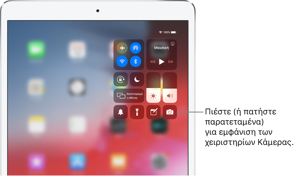Χειριστήρια για τη Χρήση σε πτήση, τα Δεδομένα, το Wi-Fi και το Bluetooth στην πάνω αριστερή ομάδα στο Κέντρο ελέγχου σε μοντέλα Wi-Fi + Cellular. Μια επεξήγηση στο χειριστήριο της Κάμερας που αναφέρει να πατήσετε και να κρατήσετε πατημένη (ή να πιέσετε) την Κάμερα για εμφάνιση περισσότερων επιλογών Κάμερας.