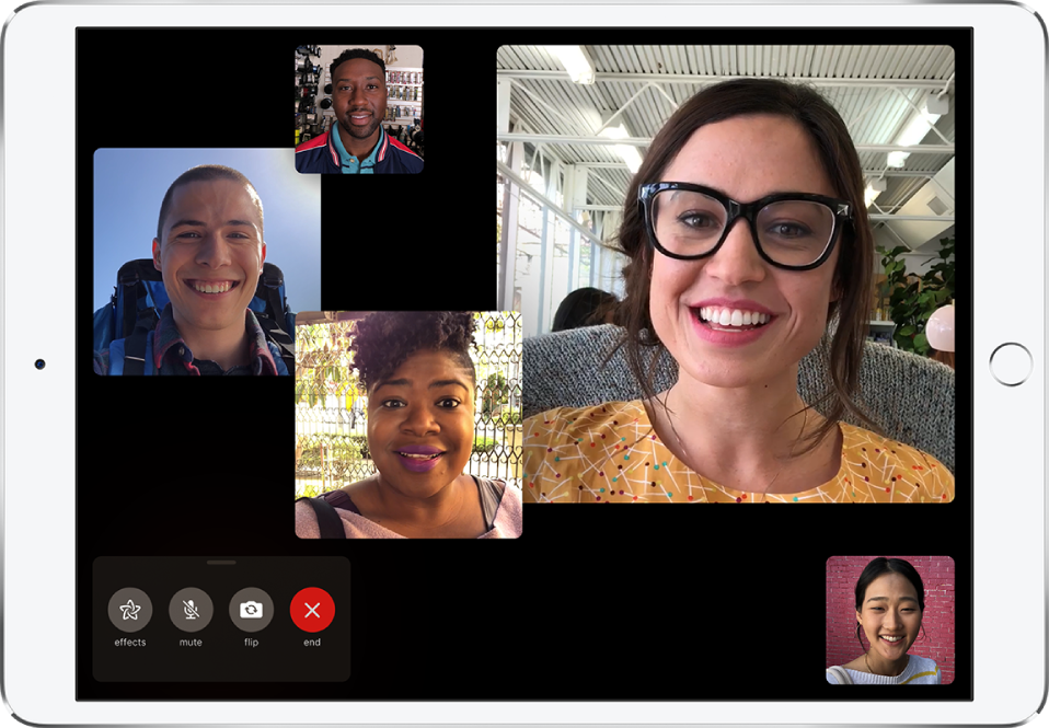 A FaceTime screen showing five people on a Group FaceTime call, each in a separate window.