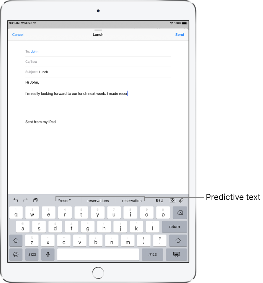 A Mail message showing the first few words of a new message, with predictive text suggestions for completing the next word.