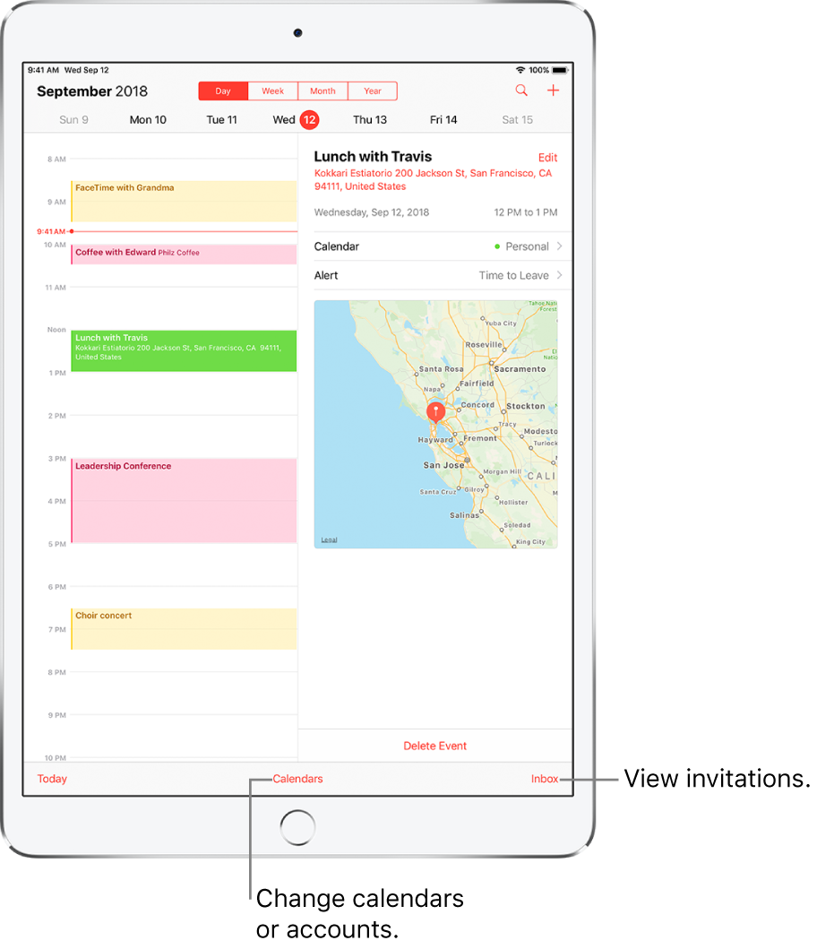 A calendar in day view. Tap the buttons at the top to change the view between Day, Week, Month, and Year. Tap the Calendars button at the bottom to change calendars or accounts. Tap the Inbox button, located at the bottom right, to view invitations.