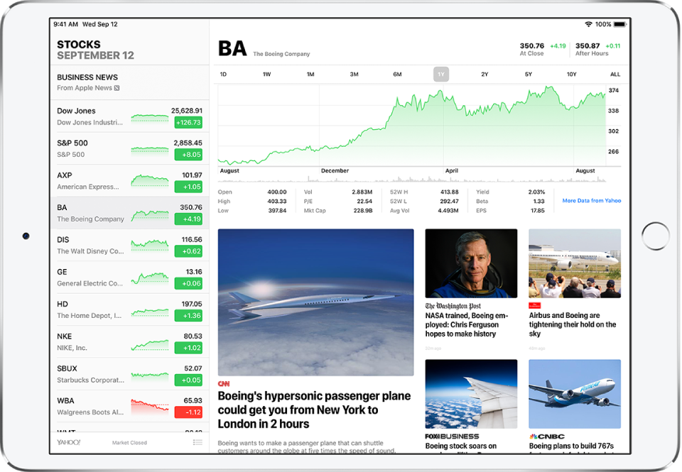 A screen in Stocks, with iPad in landscape orientation. The watchlist is on the left. To the right of the watchlist is an interactive chart for a specific stock to compare its price change over different time ranges and additional details about that stock. Below the chart are business news stories about that stock from different sources.