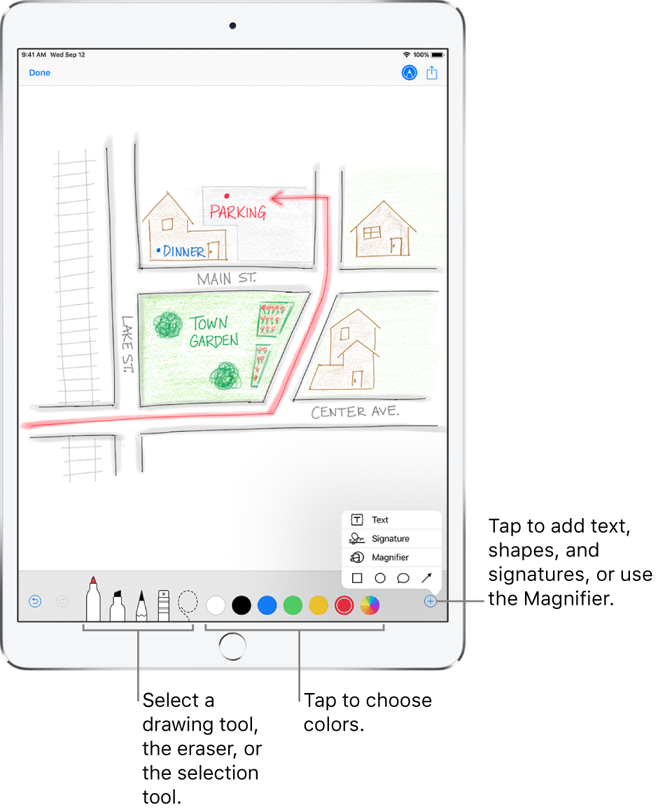 An image in a Markup window. Below the image, from left to right, are buttons for the Markup tools: drawing pens, eraser, selection tool, colors, and buttons for adding a text box, your signature, and shapes, and for choosing the Magnifier.