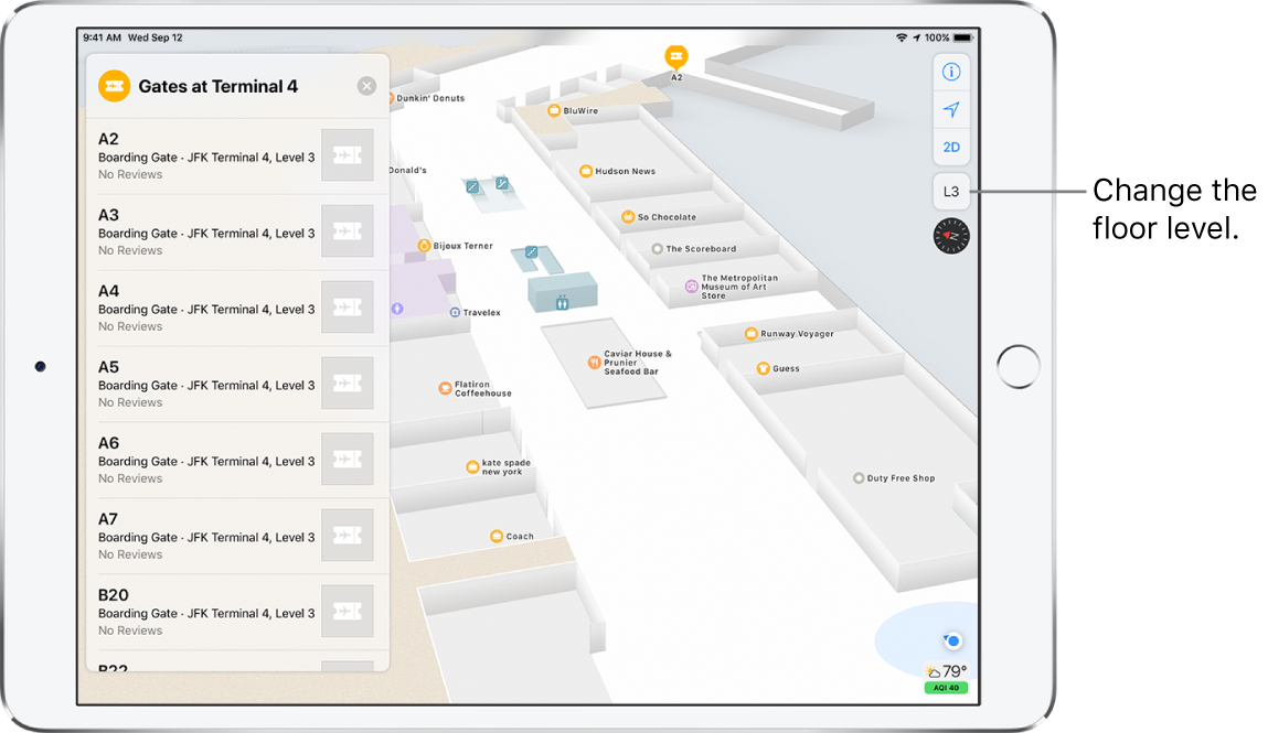 An indoor map of an airport terminal. The map shows several locations, including boarding gates, restrooms, and a security checkpoint. On the left side of the screen, a card identifies gates at terminal 4.