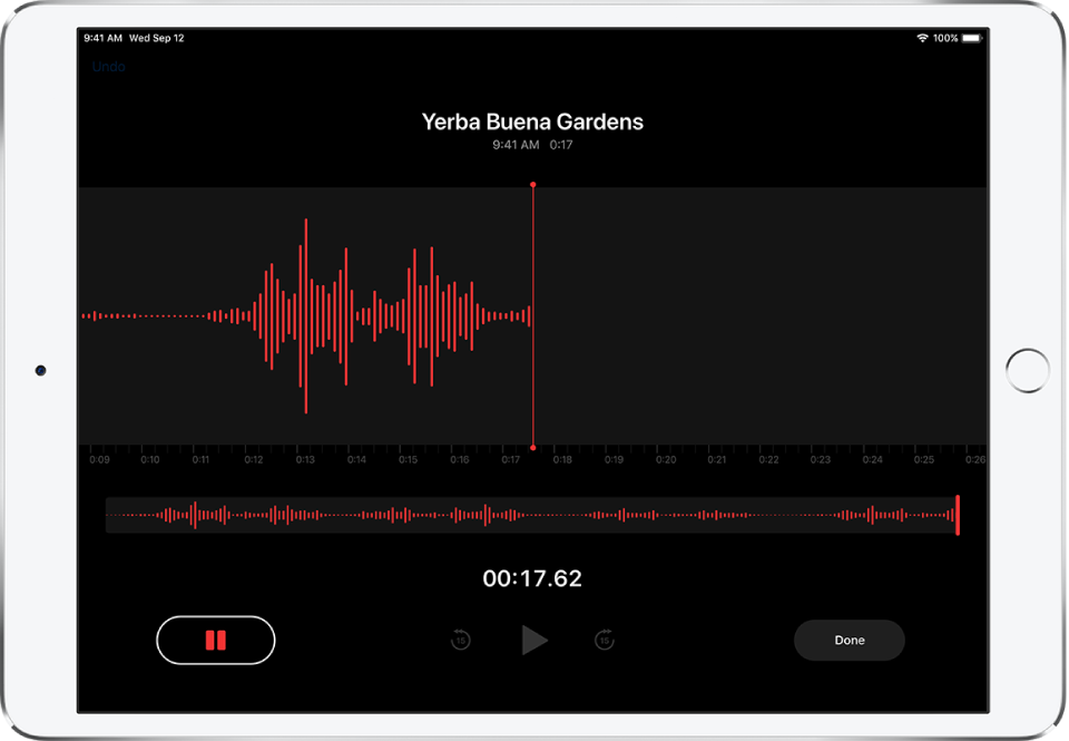 A Voice Memos screen showing recording in progress.