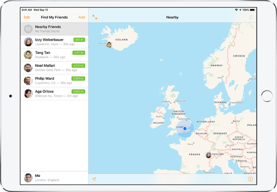 A Find My Friends screen, with a map at the top showing the locations of your friends, and a list at the bottom showing your friends’ names, their locations, and their distance from you.