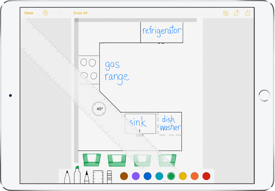 A sketch showing a kitchen floor plan with a ruler at 45 degrees. Drawing tools appear below the sketch.