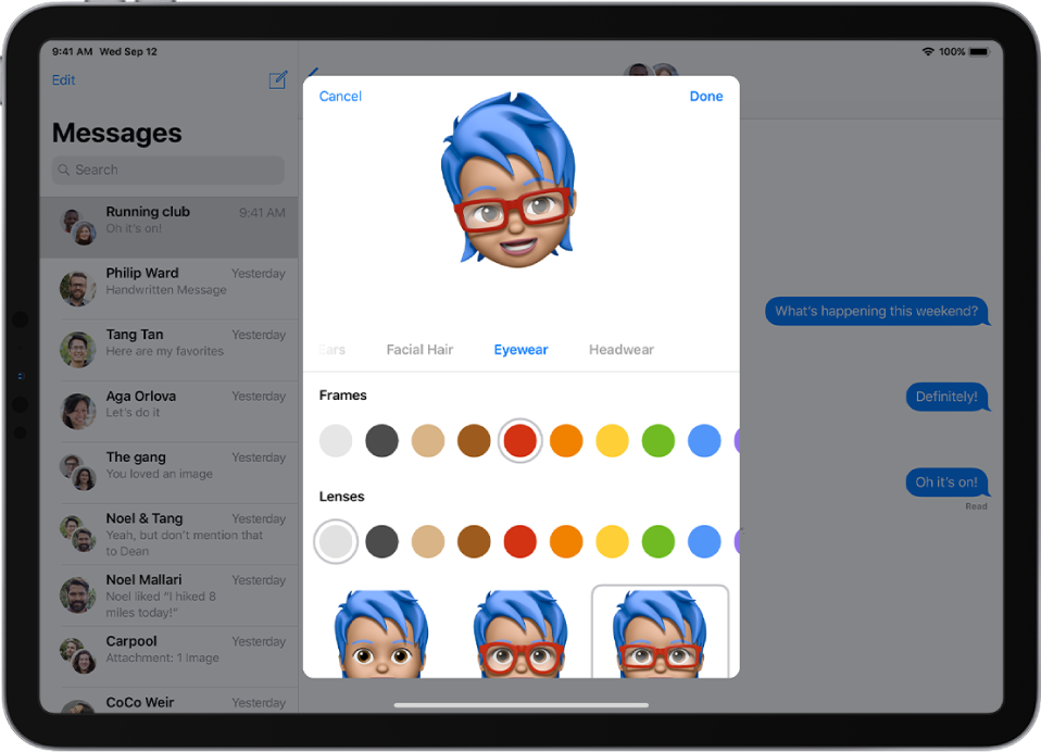 The screen for creating a Memoji, showing the character being created at the top, features to customize below the character, then below that, options for the selected feature. The Done button is at the top right and the Cancel button is at the top left.