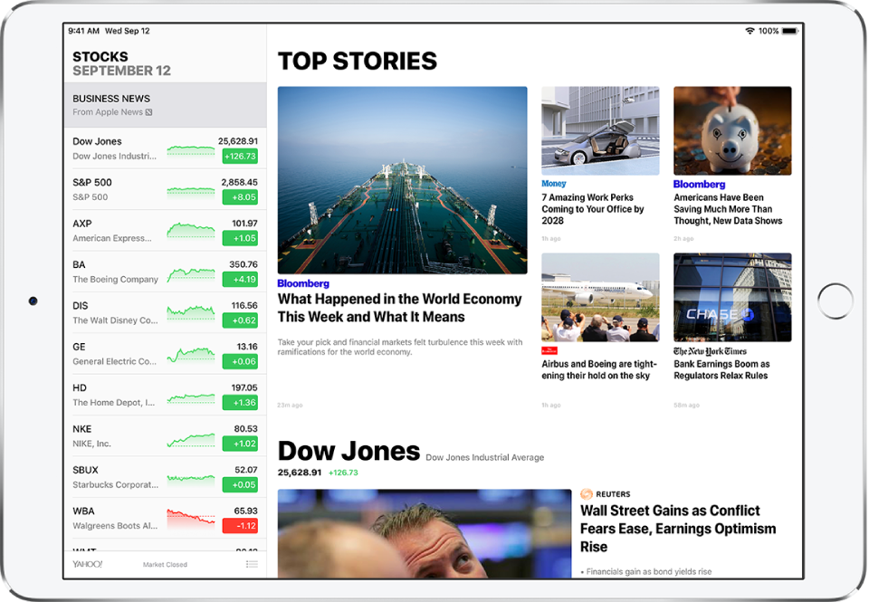 A Stocks screen in landscape orientation. On the left side of the screen is the watchlist, which lists stock symbols and names. Next to the symbol and name is a performance chart, the stock price, and price change. Top Stories about business news from different sources are displayed to the right of the watchlist.