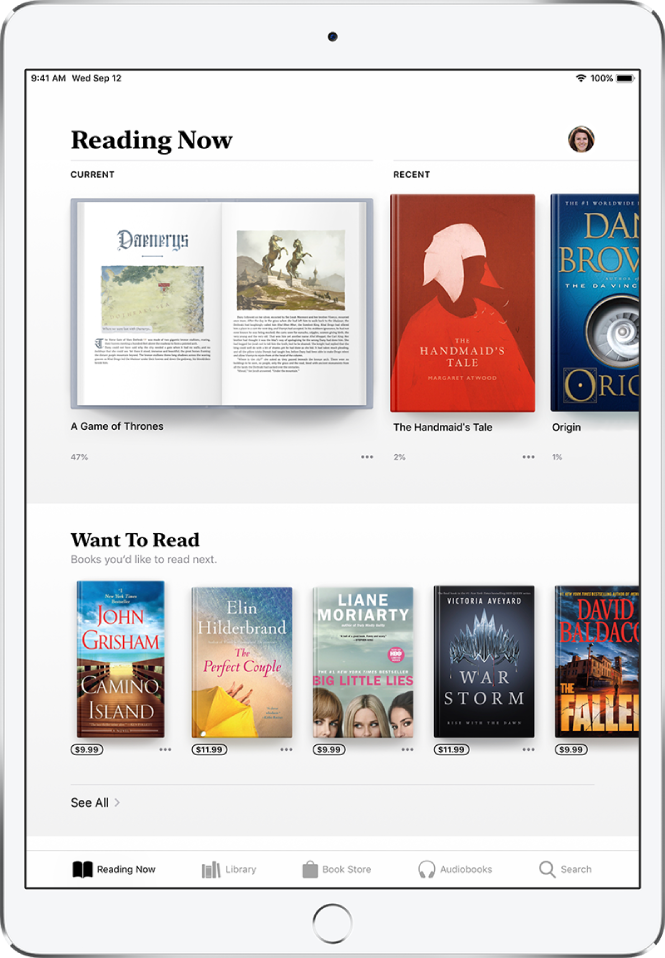 A screen in the Books app. At the bottom of the screen, from left to right, are the Reading Now, Library, Book Store, Audiobooks, and Search tabs—the Reading Now tab is selected. At the top of the screen is the Reading Now section, which shows the books currently being read. Below that is the Want to Read section, which shows books you may want to read.