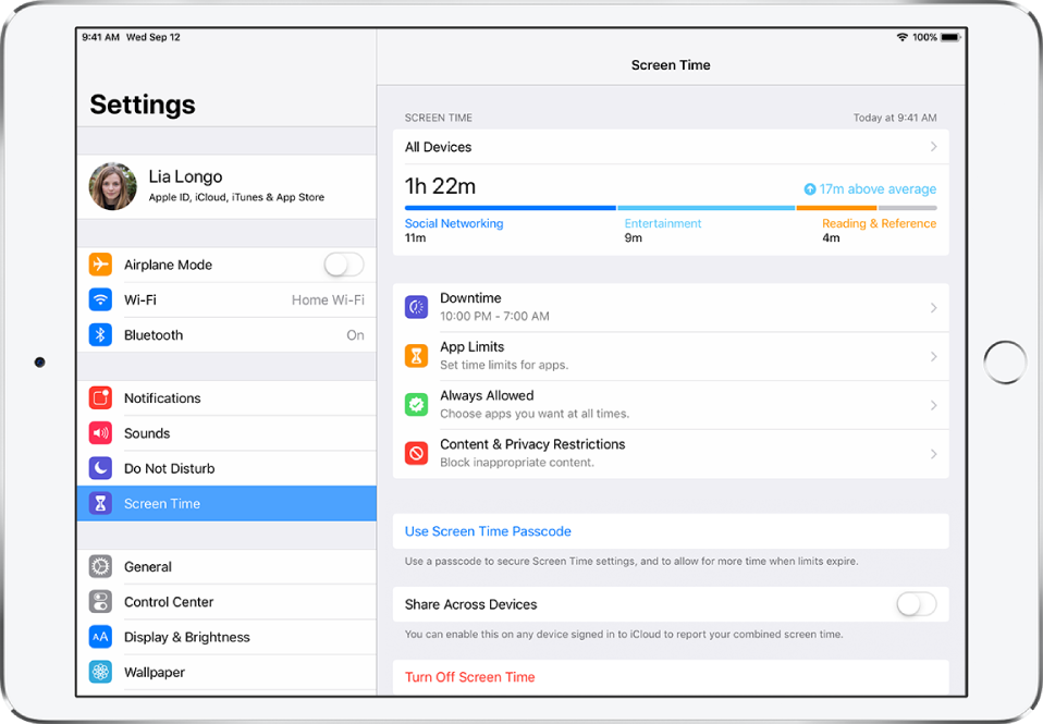 A Screen Time screen showing a device usage report and limits for using certain apps.