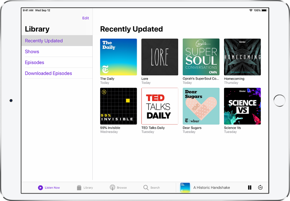 The Library tab showing recently updated podcasts.