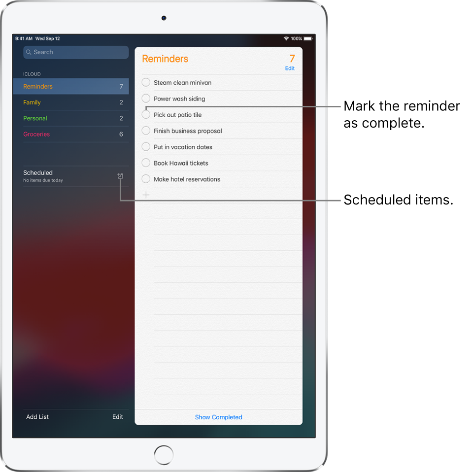 A Reminders screen showing a list of reminders. Tap a reminder to mark it as completed