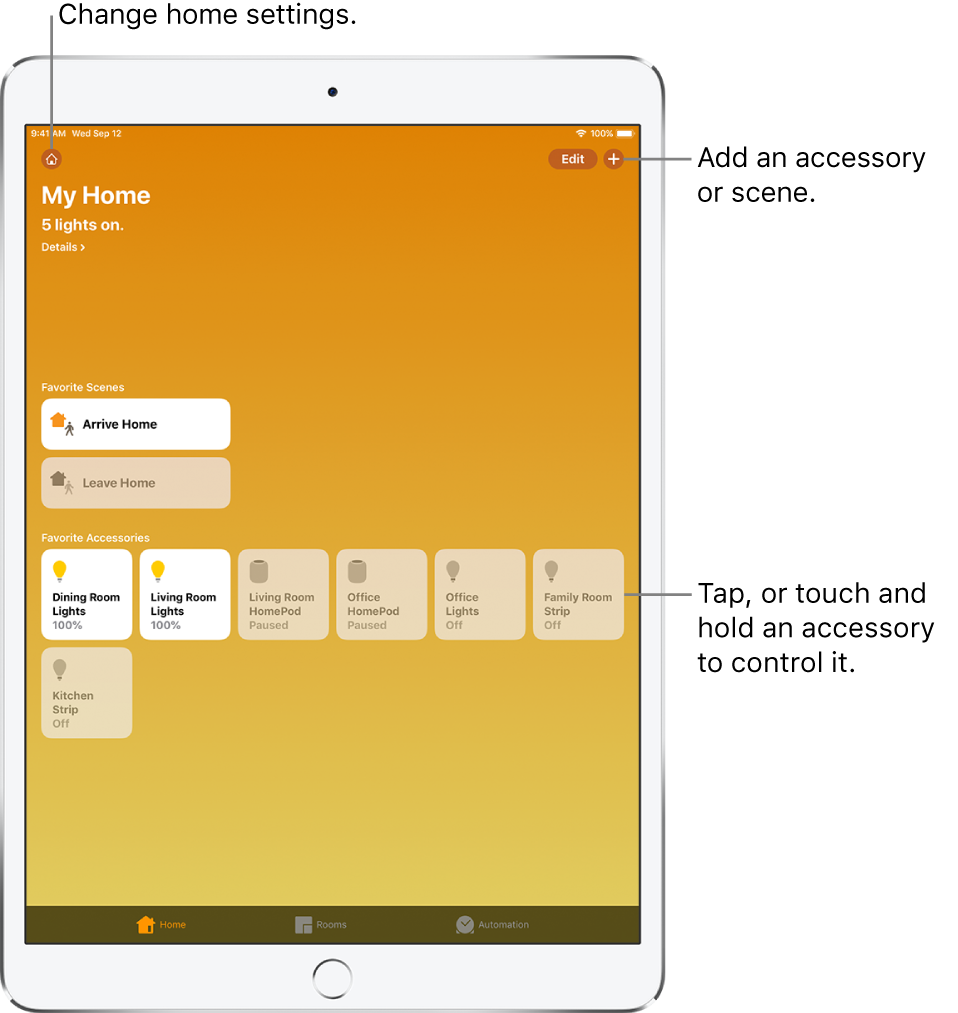 The Home tab. At the top is a summary of the home’s status. Below that are scenes and accessories that have been marked as favorites. At the bottom are the Rooms and Automation tabs.