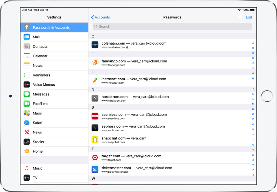 The Settings screen for Passwords & Accounts showing an alphabetical list of websites and their account names. The first website listed has a reused password warning badge next to its URL.