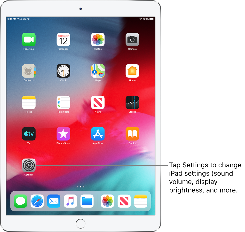 The iPad Home screen with several icons, including the Settings icon, which you can tap to change your iPad sound volume, screen brightness, and more.