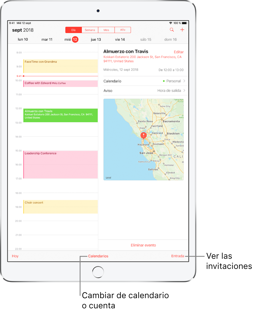 Un calendario en visualización de día. Pulsa los botones de la parte superior para cambiar la vista entre Día, Semana, Mes y Año. Pulsa el botón Calendarios situado en la parte inferior para cambiar los calendarios o las cuentas. Pulsa el botón Entrada situado en la parte inferior derecha para ver las invitaciones.