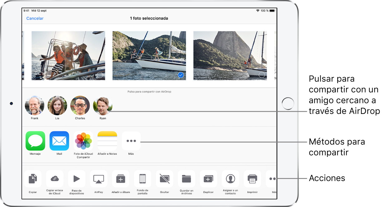 Pantalla Compartir de AirDrop. En la parte superior, hay fotos para seleccionar y compartir. Debajo, las personas con las que puedes compartir contenido mediante AirDrop. En la siguiente fila, se muestran las opciones para compartir contenido, entre las que se encuentran Mensaje, Mail, “Añadir a Notas” y otras. En la última fila se muestran otras opciones, como Copiar, “Pase de diapositivas” y AirPlay.