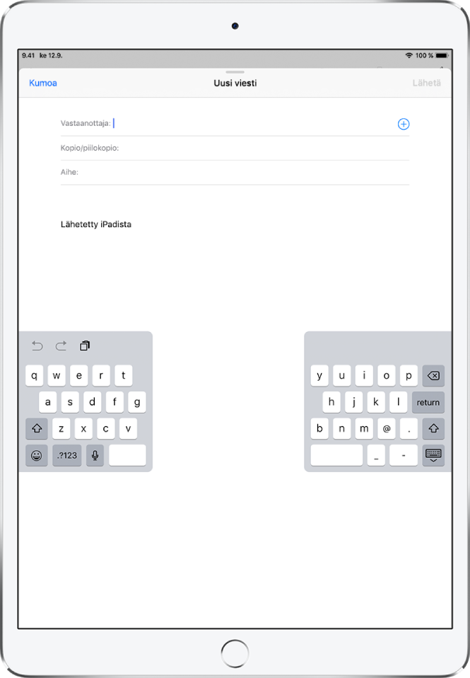 Jaettu näppäimistö irrotettuna ja keskellä iPadin näyttöä.