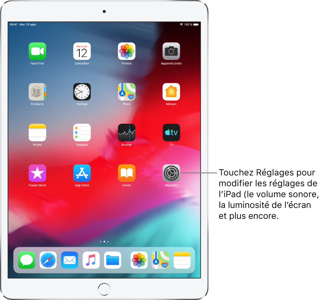 L’écran d’accueil de l’iPad avec plusieurs icônes, notamment l’icône Réglages, que vous pouvez toucher pour modifier le volume, la luminosité de l’écran et d’autres réglages de votre iPad.