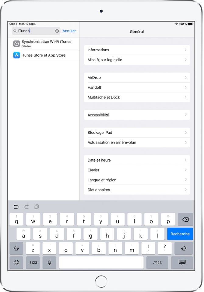 L’écran de recherche de réglages, avec le champ de recherche en haut à gauche de l’écran. La chaîne de recherche « iTunes » apparaît dans le champ de recherche, et deux réglages trouvés s’affichent dans la liste sous le champ de recherche.