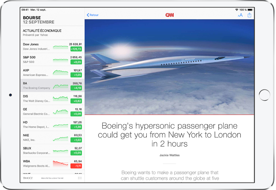 Un écran Bourse en orientation paysage. La liste de suivi occupe le côté gauche de l’écran. À droite de la liste de suivi se trouve un article d’actualité économique. Au-dessus de l’article se trouvent, de gauche à droite, les boutons Retour, Apparence et Partager.