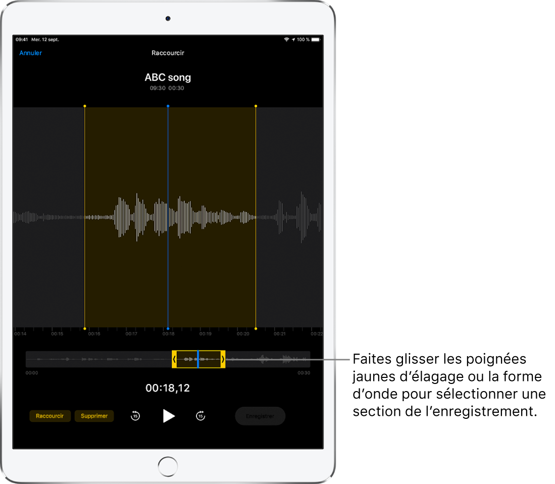 L’enregistrement en cours d’élagage, avec les poignées d’élagage jaunes encadrant une partie de la forme d’onde audio au bas de l’écran. Un bouton Lecture et la durée de l’enregistrement figurent sous la forme d’onde et les poignées d’élagage.