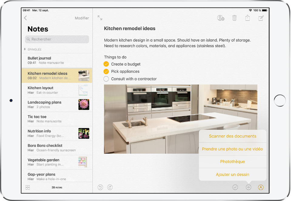 Une note avec le menu Insérer en bas à gauche affichant un menu avec les options Scanner des documents, Prendre une photo ou une vidéo, Photothèque et Ajouter un dessin.