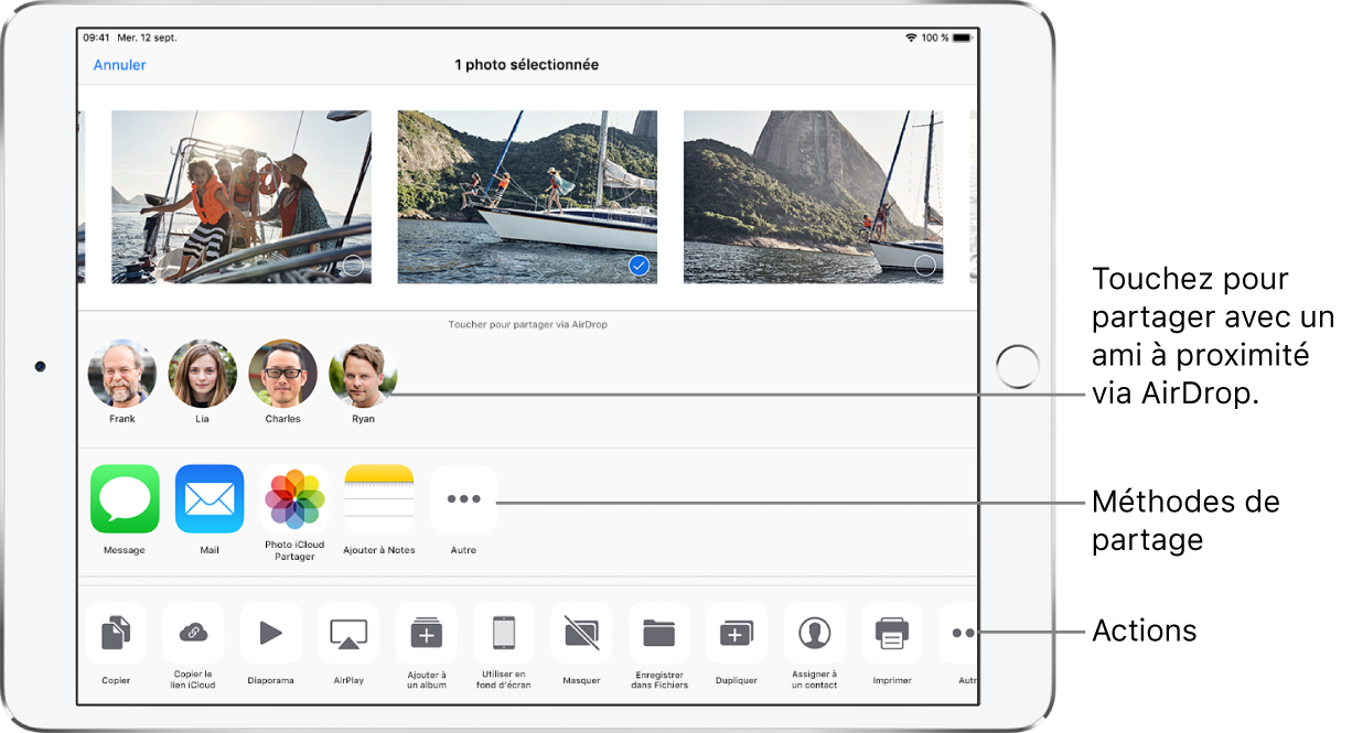 L’écran Partage AirDrop. En haut sont présentes des photos que vous pouvez sélectionner et partager. Au-dessous se trouvent les personnes avec lesquelles vous pouvez partager l’élément à l’aide d’AirDrop. Le rang suivant présente des options de partage, notamment Message, Mail, Ajouter à Notes et plus encore. Le rang du bas affiche d’autres actions, notamment Copier, Diaporama et AirPlay.