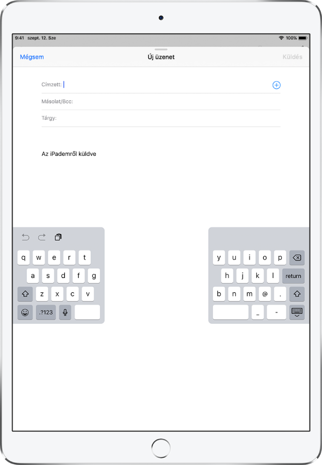 Leválasztott osztott billentyűzet az iPad képernyőjének közepén.