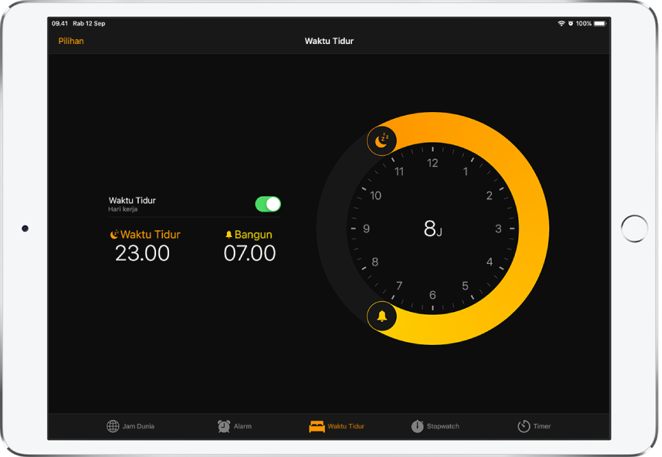 Tab Waktu Tidur dengan tombol Pilihan di kiri atas.