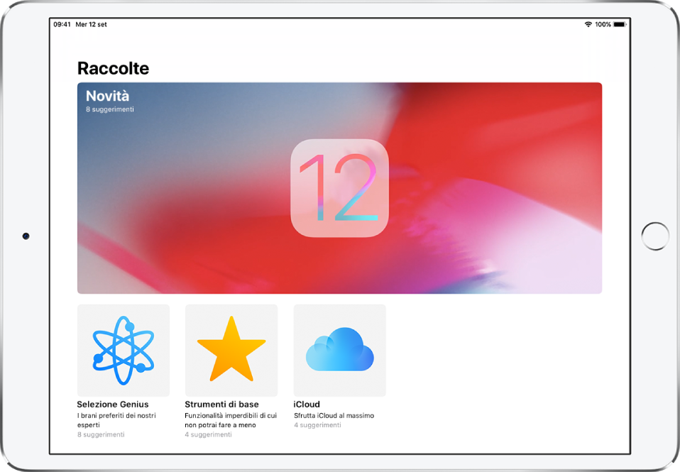 Schermata che mostra le raccolte di Suggerimenti con delle frecce rivolte verso destra a indicare che puoi toccare una raccolta per visualizzare i suggerimenti che contiene.