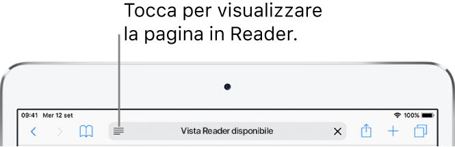 La barra degli strumenti di Safari, con il pulsante Reader a sinistra del campo Indirizzo.