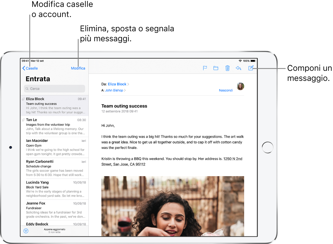 La casella Entrata di Mail con un elenco di e-mail sulla sinistra e un thread di e-mail aperto sulla destra. Il pulsante Caselle, nell’angolo in alto a sinistra, per passare a un’altra casella. Il pulsante per comporre una nuova e-mail si trova nell'angolo in alto a destra.