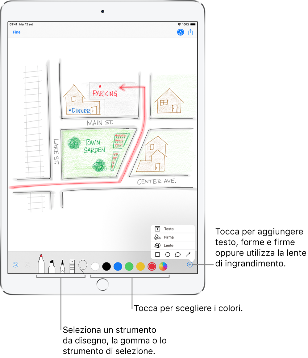 Un disegno in un'e-mail. Gli strumenti per creare il disegno si trovano nella parte inferiore dello schermo. Gli strumenti sono, da sinistra a destra: penne, matita, gomma, strumento di selezione, sei colori e il pulsante Aggiungi per aggiungere una casella di testo, una firma e forme, e per usare la lente d'ingrandimento.