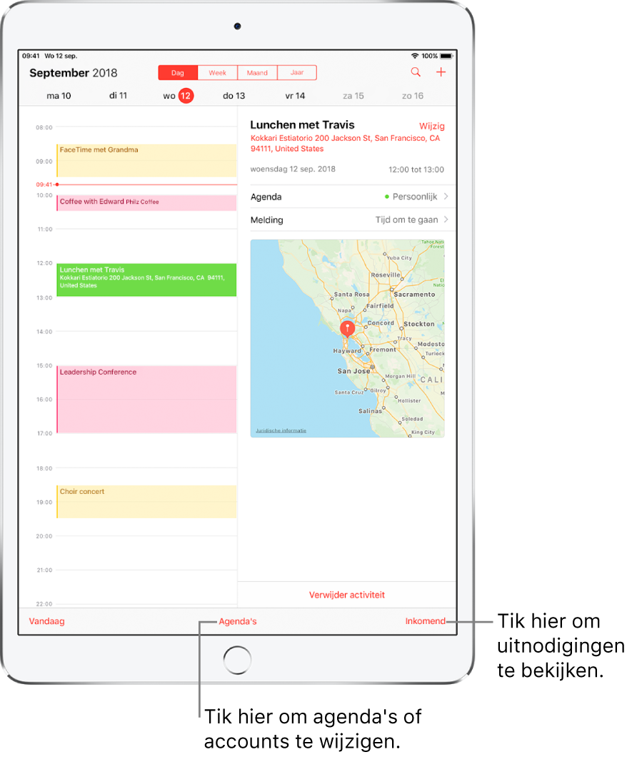 Een agenda in de dagweergave. Tik op de knoppen bovenin om te schakelen tussen de weergaven 'Dag', 'Week', 'Maand' en 'Jaar'. Tik op de knop 'Agenda's onderin om te schakelen tussen agenda's of accounts. Tik op de knop 'Inkomend' rechtsonderin om uitnodigingen te bekijken.