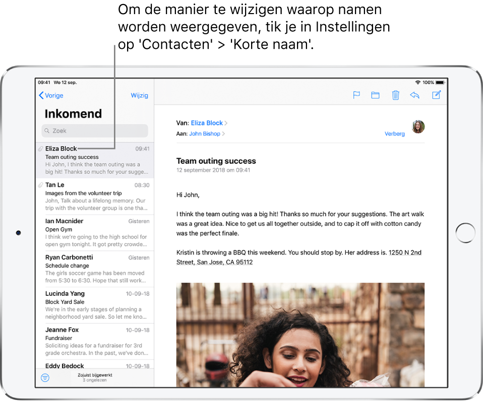 Een voorvertoning van een e‑mail in 'Inkomend' met de naam van de afzender, de tijd waarop de e‑mail is verstuurd, de onderwerpregel en de eerste twee regels van het bericht.